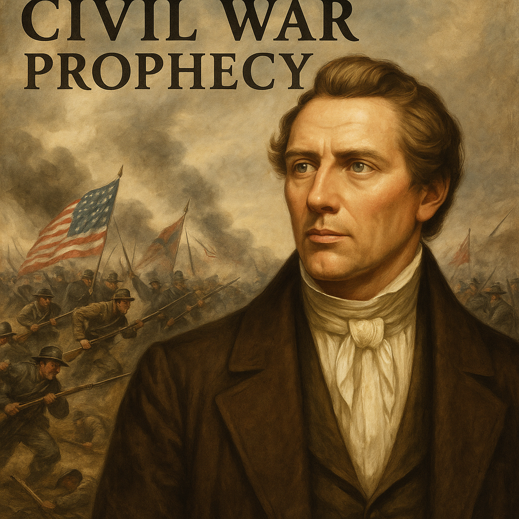 "Realistic classical painting of Joseph Smith with Civil War soldiers battling in the background, symbolizing the Civil War prophecy in Doctrine and Covenants 87."