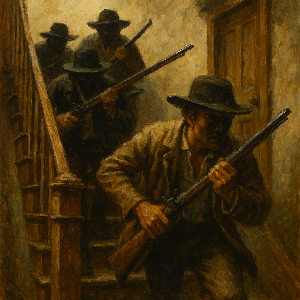Realistic oil painting of four armed men with blackened faces rushing up the wooden staircase inside Carthage Jail to attack Joseph and Hyrum Smith in June 1844. (Martyrdom)