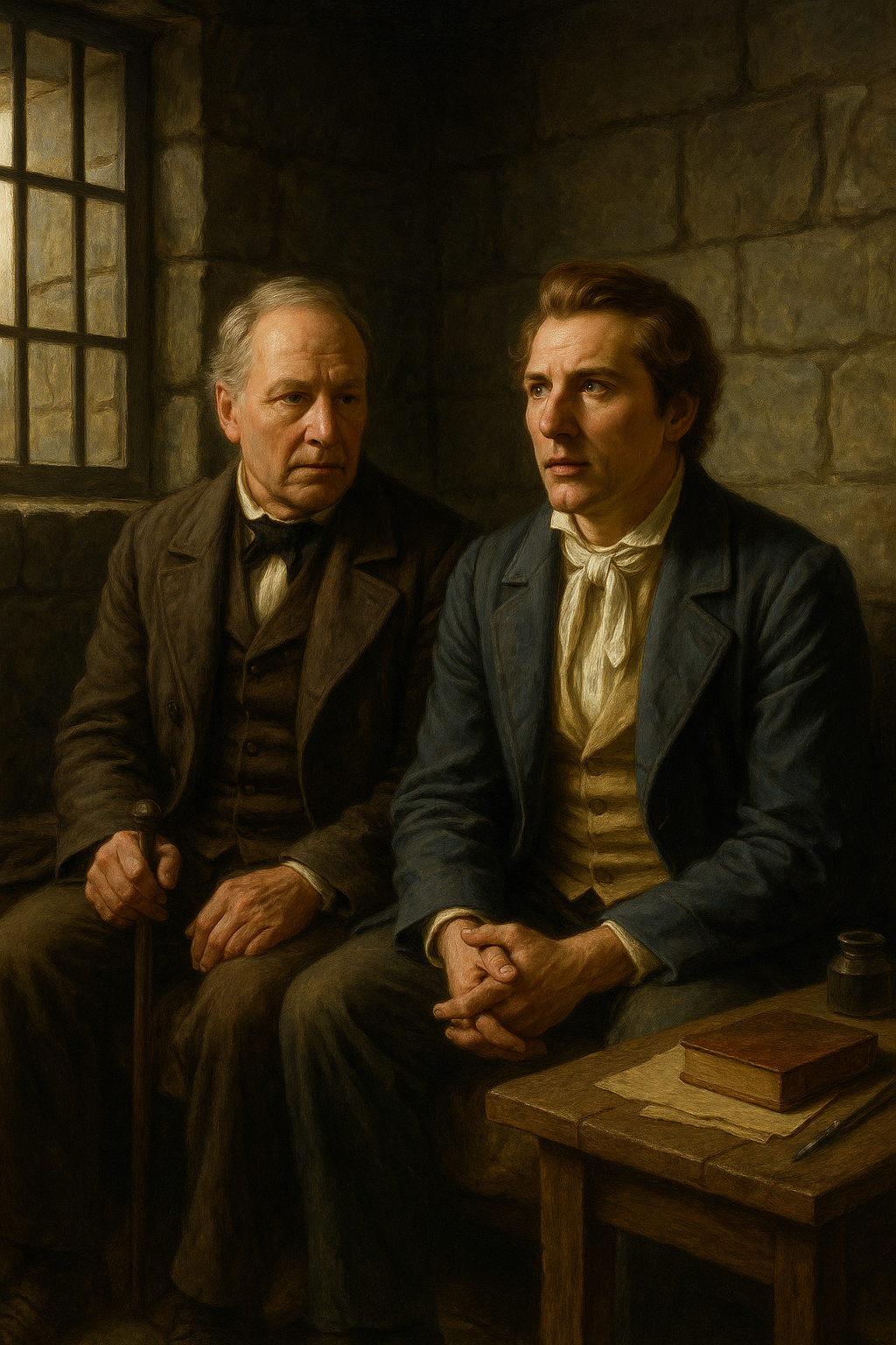 Joseph Smith Martyrdom: Realistic oil painting of four armed men with blackened faces rushing up the wooden staircase inside Carthage Jail to attack Joseph and Hyrum Smith in June 1844.