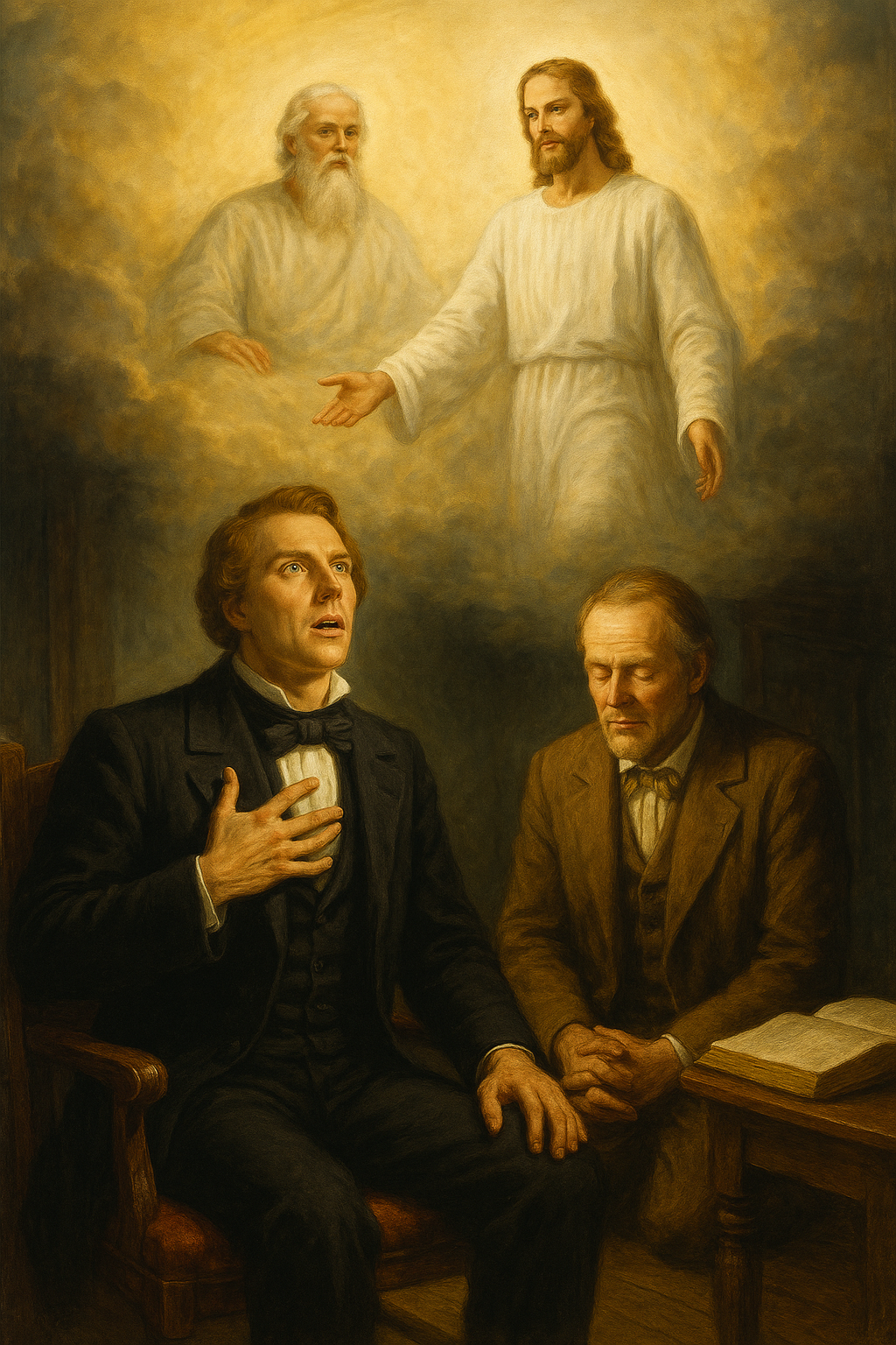 Judgment Realistic historical painting illustrating Doctrine and Covenants 76 and the Latter-day Saint view of hell, salvation, and degrees of glory