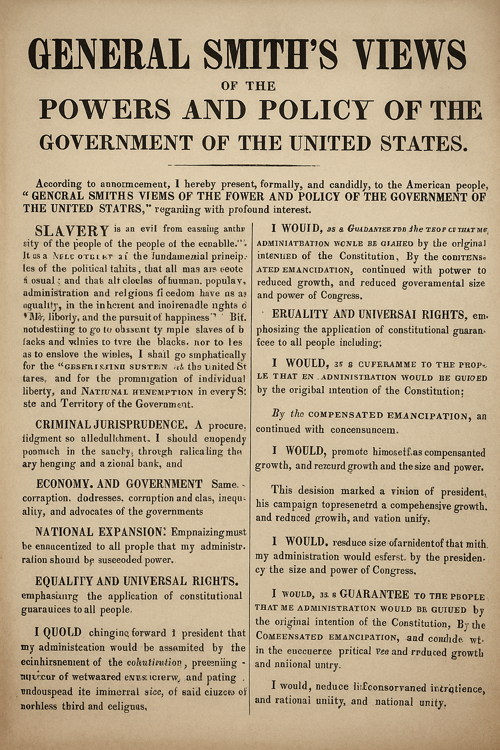 Historic-style document titled 'General Smith’s (Decision)Views of the Powers and Policy of the Government of the United States(Presidential Campaign)