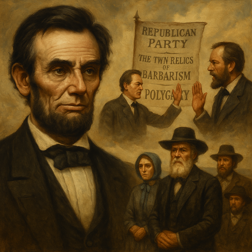 Historical depiction of Abraham Lincoln and 19th-century political conflicts involving the Latter-day Saints, the Republican Party, and anti-polygamy legislation