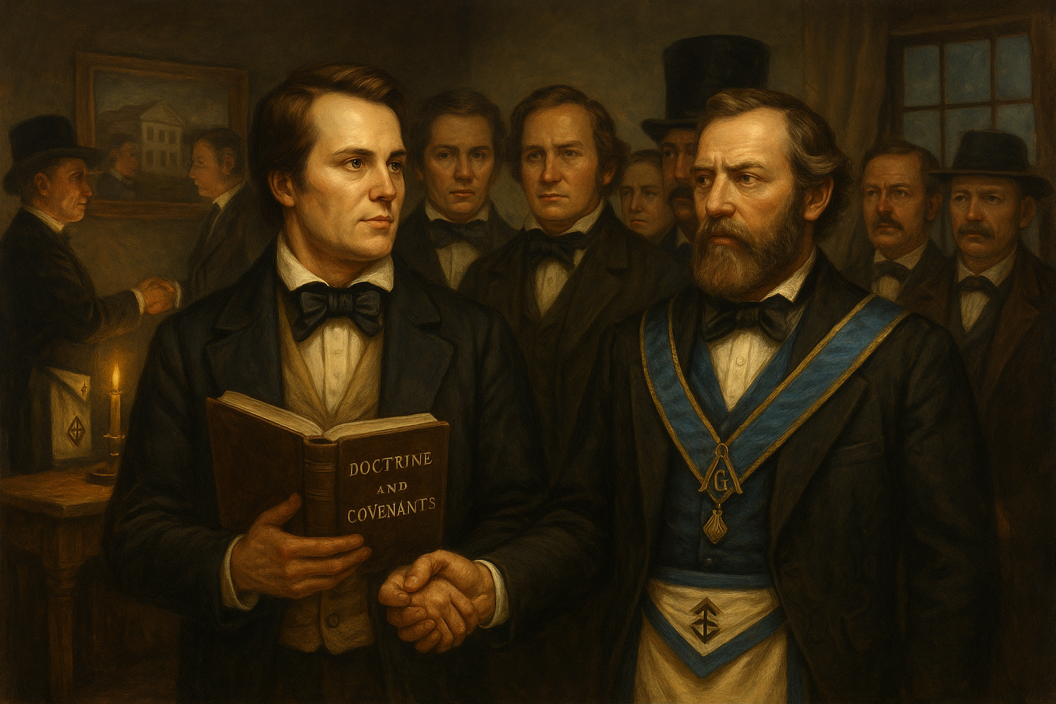 Historical representation of Freemasonry and early Latter-day Saint interactions, including Nauvoo Masonry, 19th-century lodges, and Joseph Smith-era political tension