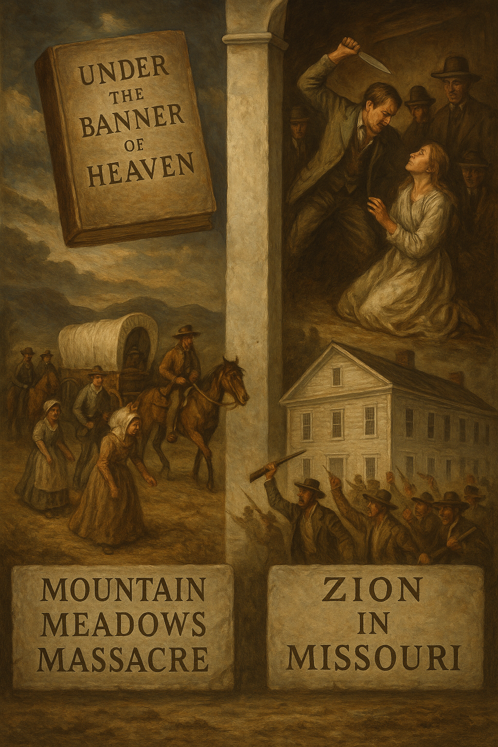 Historical depiction of Latter-day Saint conflict in America, including Under the Banner of Heaven themes, the Lafferty murders, Mountain Meadows Massacre, and early Zion in Missouri.