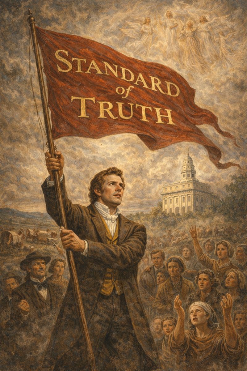 Joseph Smith raising the Standard of Truth banner, symbolizing the Restoration, missionary work, and global gathering of Israel in early Latter-day Saint history.”