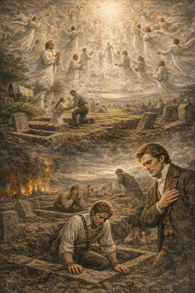 Dreadful Resurrection: Symbolic illustration of the resurrection showing joy for the righteous and sorrow for the unprepared, with Joseph Smith observing the contrast between exaltation and dreadful disappointment in eternal judgment.