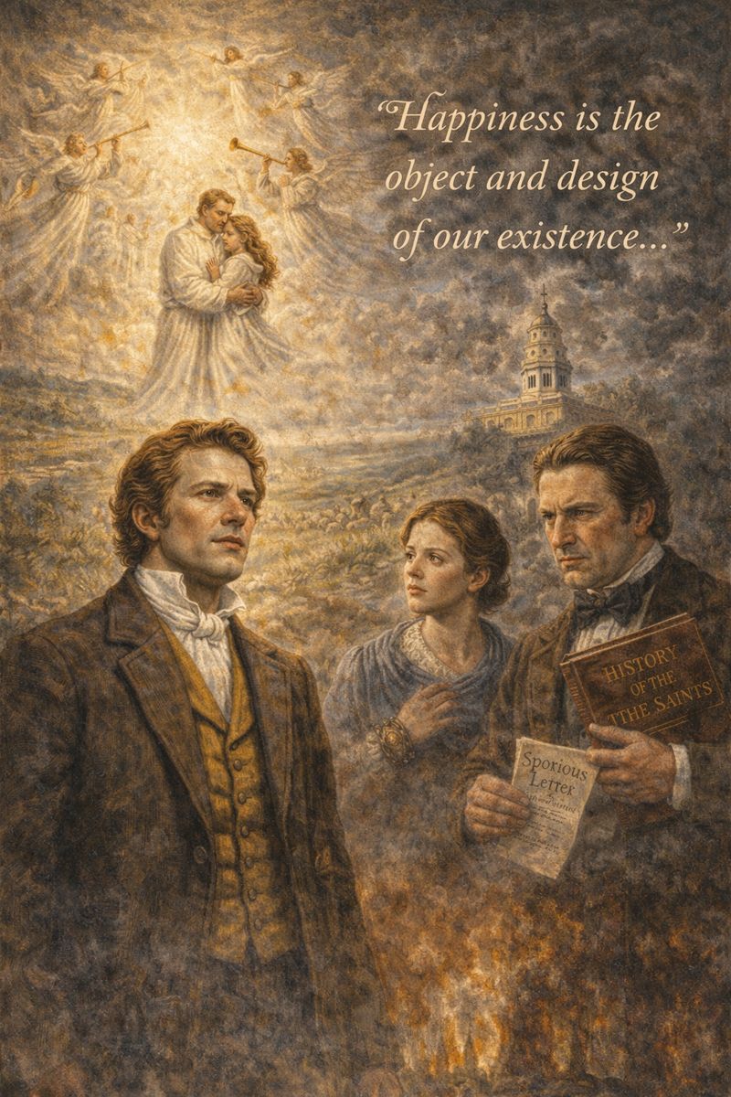 “Illustration depicting Joseph Smith, Nancy Rigdon, and John C. Bennett, contrasting true gospel happiness with the disputed ‘Happiness Letter’ in early Latter-day Saint history.”
