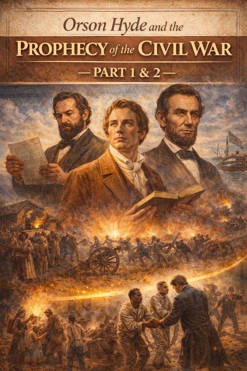 Traditional-style illustration depicting Orson Hyde, Joseph Smith, and Abraham Lincoln above scenes of the American Civil War, including battlefield combat, enslaved people gaining freedom, and displaced Latter-day Saints, symbolizing Joseph Smith’s Civil War prophecy and its 19th-Civil War Prophecy