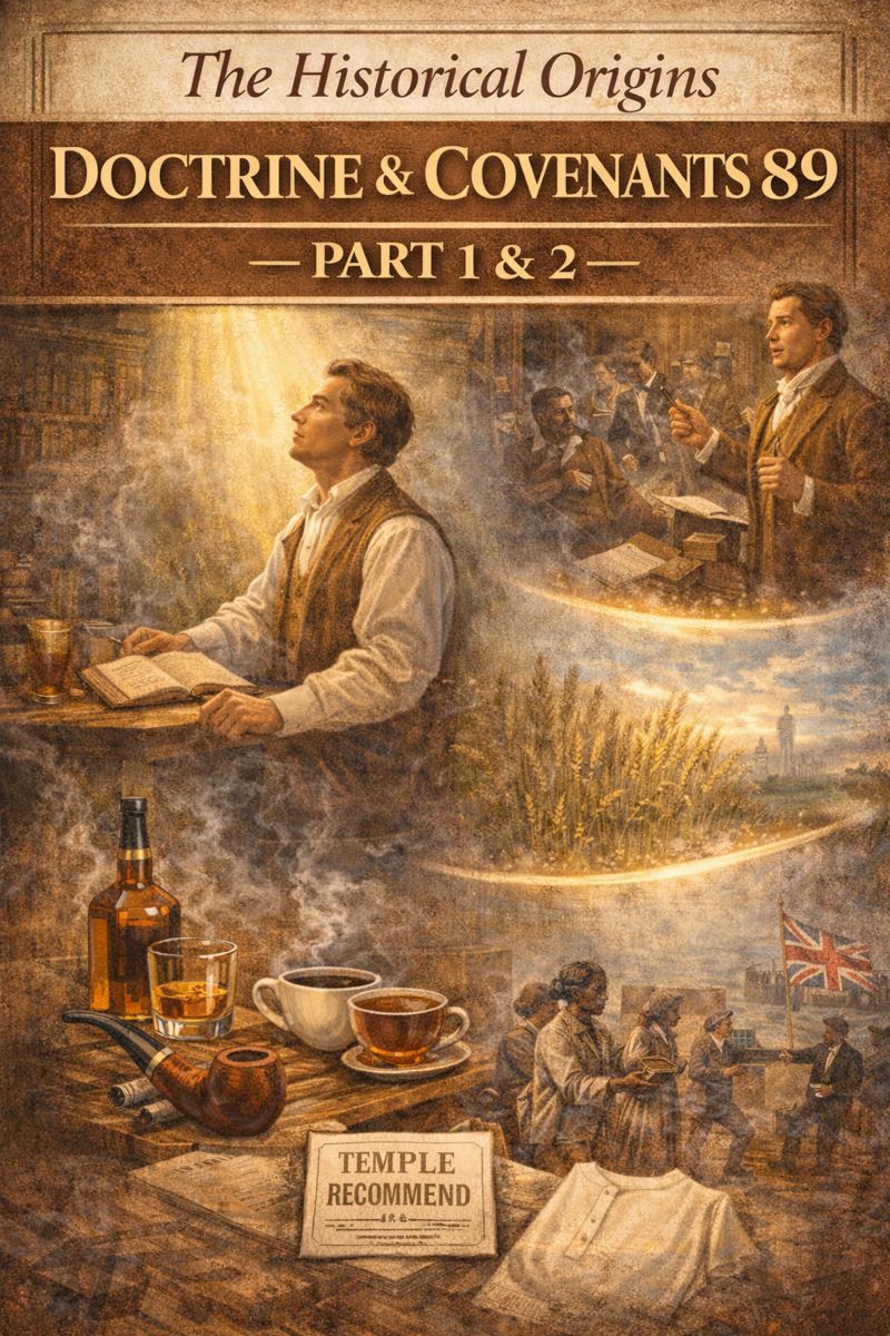 Vintage-style illustration depicting the historical origins of Doctrine and Covenants 89, showing Joseph Smith in the School of the Prophets receiving revelation amid tobacco smoke, with surrounding scenes of early Latter-day Saint practices such as pipes, alcohol, coffee, tea, grain fields, and a temple recommend symbolizing the development of the Word of Wisdom.