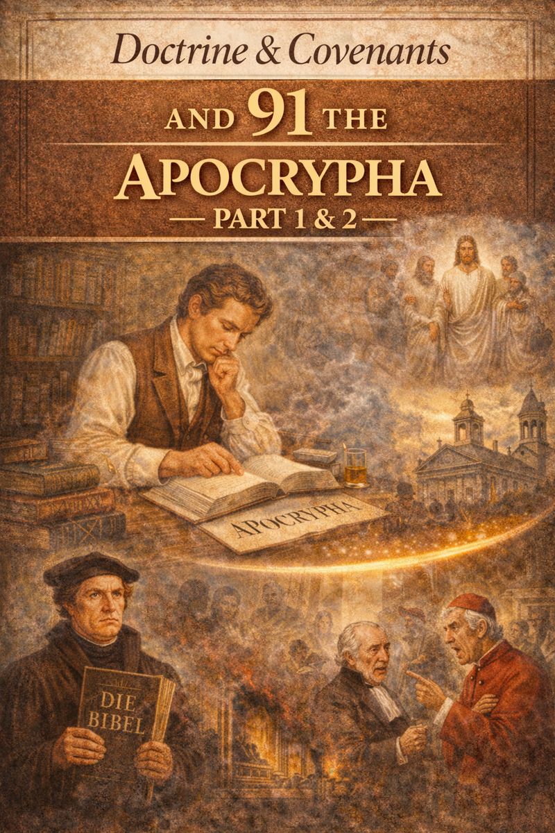 Traditional-style illustration showing Joseph Smith studying the Bible with the Apocrypha open, surrounded by scenes of Christ, early Christian figures, and Protestant Reformers debating scripture, symbolizing Doctrine and Covenants 91 and the historical debate over the Apocrypha in the 19th century.