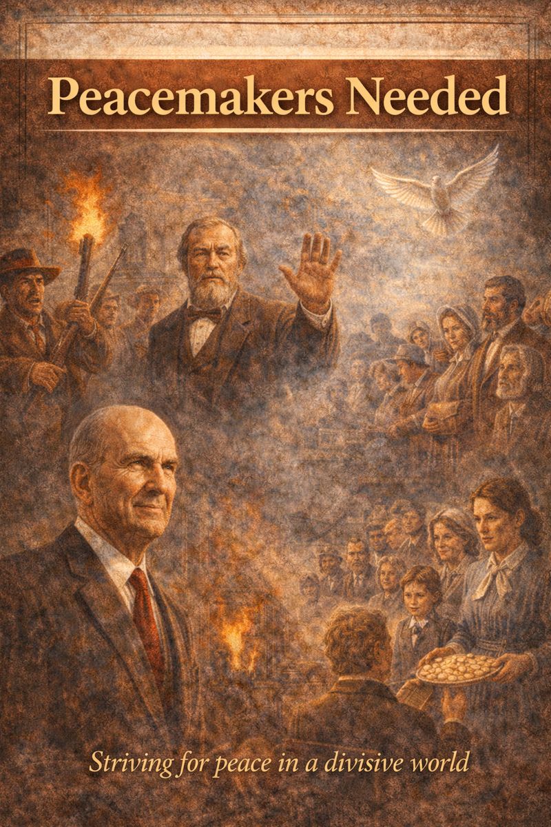 Illustration titled “Peacemakers Needed” depicting a historical Latter-day Saint leader raising his hand to calm an angry 19th-century mob, with families gathered nearby and a white dove symbolizing peace above the scene. In the foreground, a modern Church leader looks forward thoughtfully, linking past persecution with a present-day call for peace and reconciliation. Anti-Mormonism