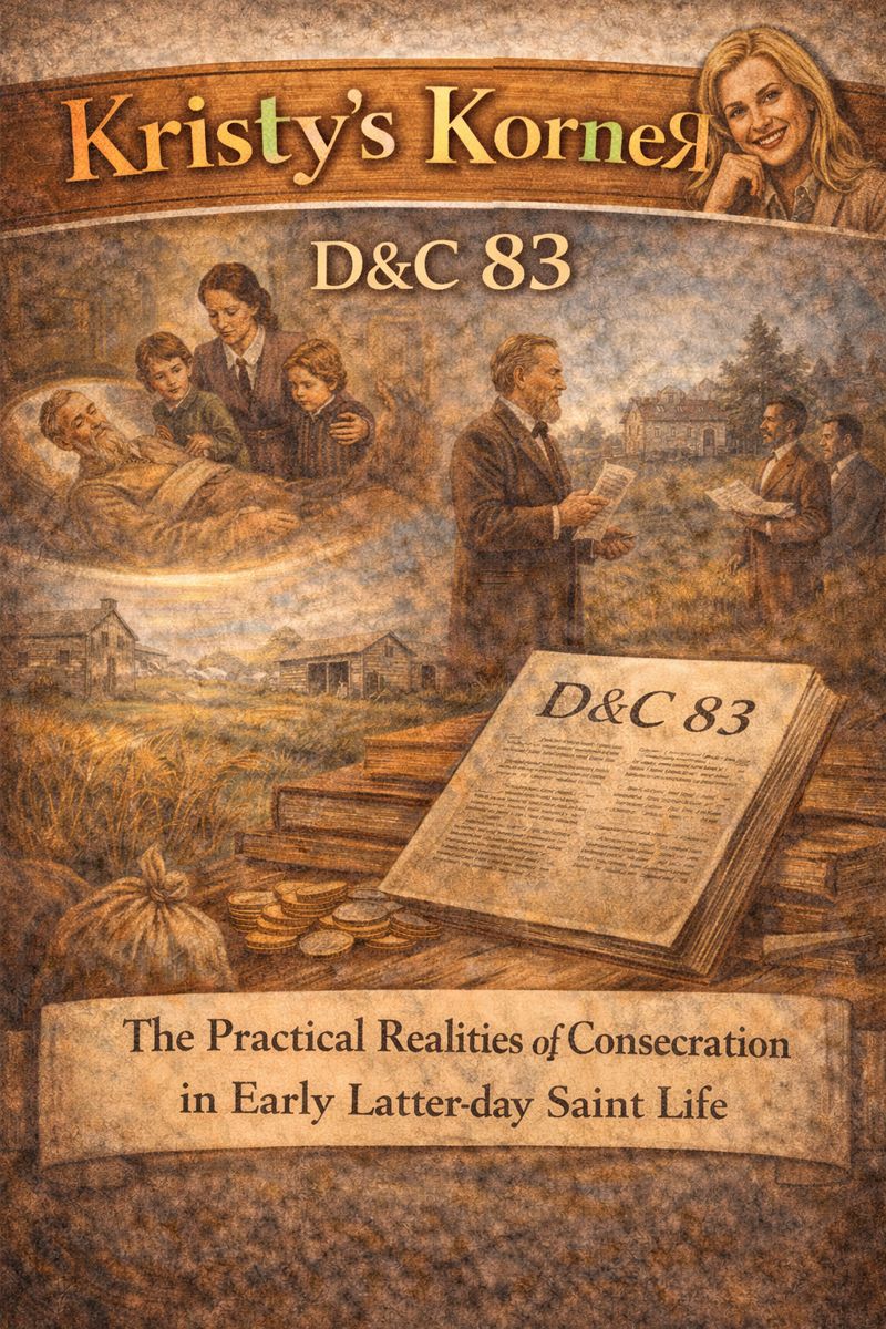 Illustration titled “Kristy’s KorneЯ: D&C 83” depicting early Latter-day Saint consecration practices, with scenes of a widow and children receiving care, Church leaders reviewing stewardship deeds, frontier farmland, and an open Doctrine and Covenants book, symbolizing covenant responsibility, community support, and family provision in the 1830s Church.