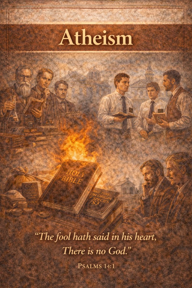 D&C 87–88 Illustration depicting the theme of atheism and faith in historical context, showing scholars and skeptics studying books and science on one side, Christian missionaries teaching from scripture on the other, and a Bible burning over philosophical texts at the center, with a biblical quote from Psalms 14:1 in a sepia-toned, vintage style.
