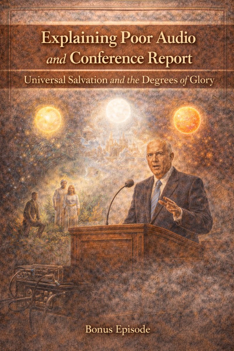 Illustration depicting a Latter-day Saint conference theme, showing an open set of scriptures illuminated by light from heaven, symbolic temple spires in the background, and radiating beams representing priesthood authority, covenants, and degrees of glory, with a calm, reverent atmosphere conveying restored doctrine and eternal salvation.