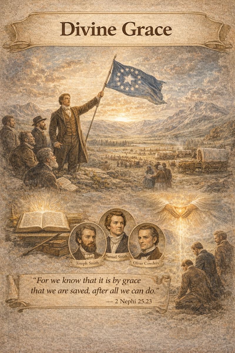 Illustration of early Latter-day Saint pioneers raising a symbolic blue flag overlooking a western valley, with imagery of Joseph Smith, early converts, and themes of grace, baptism, and divine guidance.