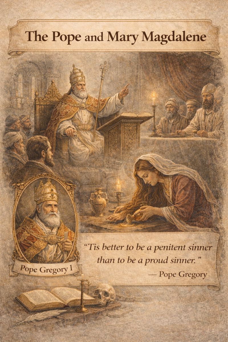 Illustration showing Pope Gregory I teaching from a throne and Mary Magdalene humbly anointing Jesus’s feet, highlighting contrasting traditions about her identity and repentance