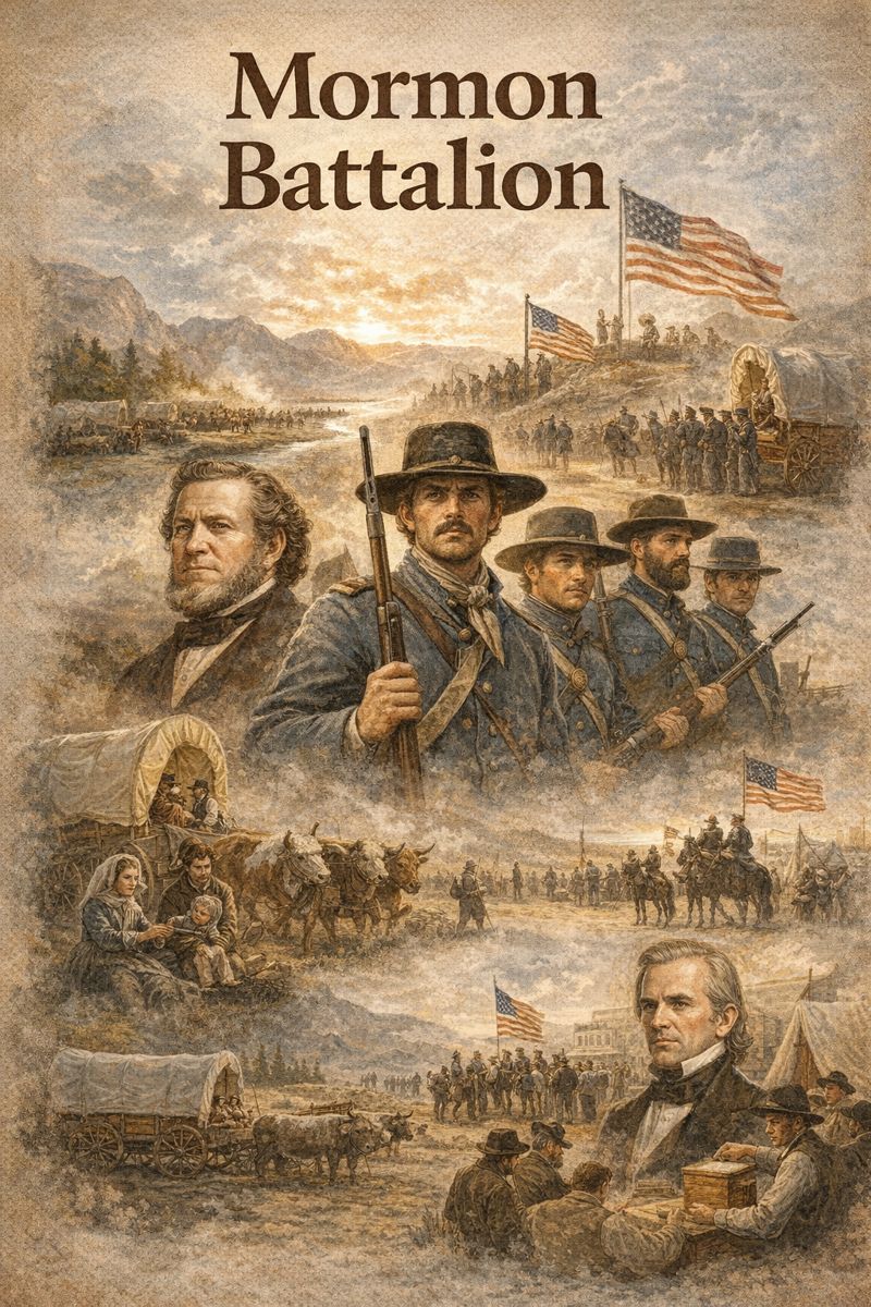 Alt text: Illustration depicting the Mormon Battalion, showing Latter-day Saint soldiers in 1840s military uniforms marching west alongside pioneer wagons, families, American flags, and western landscapes.