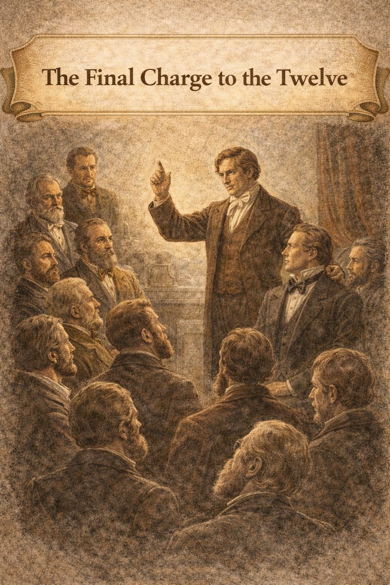 Illustration of Joseph Smith delivering his final charge to the Twelve Apostles, standing at the center as the apostles gather around him in a solemn nineteenth-century setting